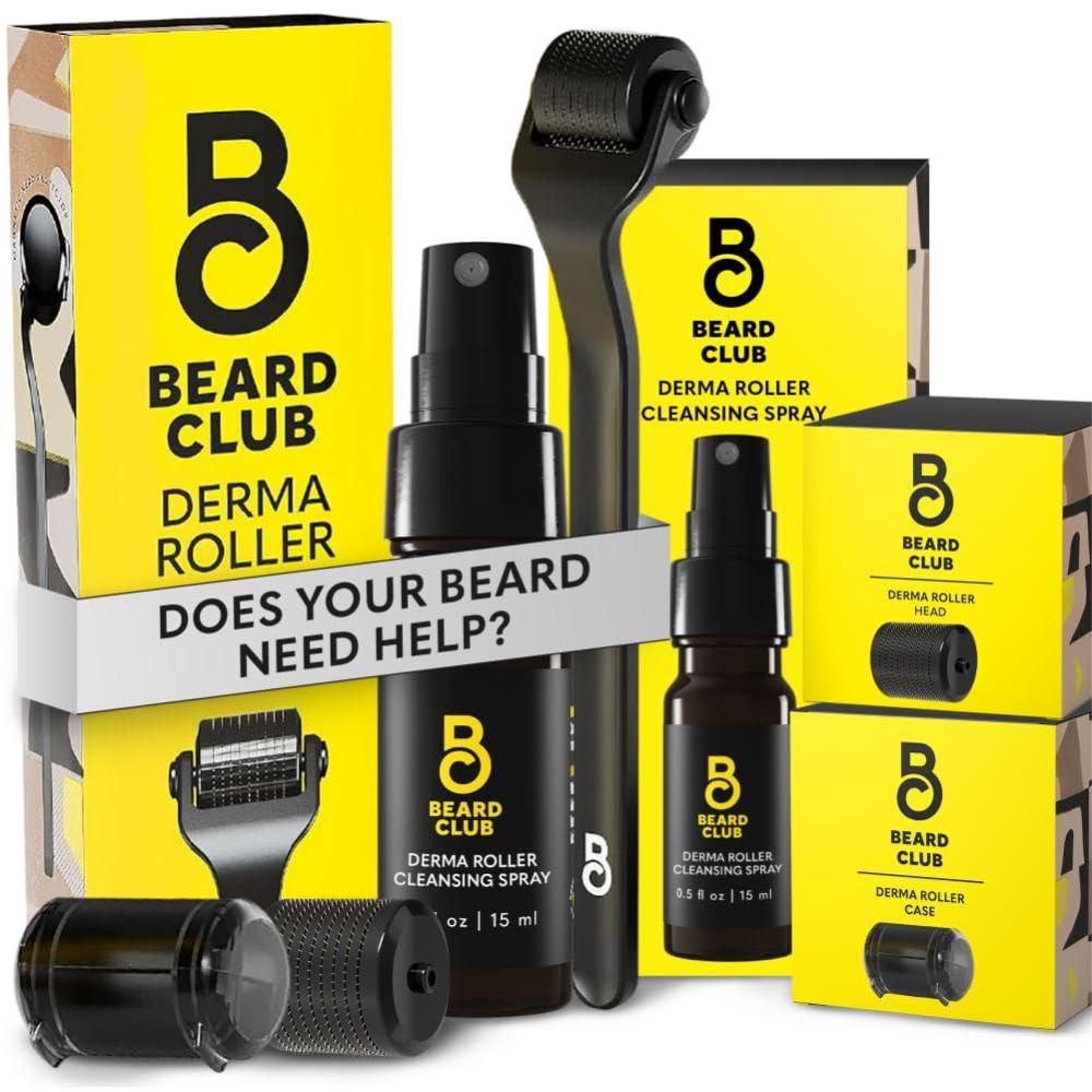 image:imageBeard Club Premium Derma Roller amp Beard Growth Oil  Microneedling Roller with 540 Titanium Microneedles for Face Body and Scalp  Beard Roller with Sandalwood amp Cedar Beard OilPremium Derma  Cleaning Spray  Rep Head