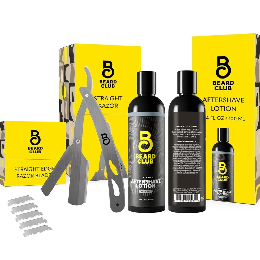 image:imageBeard Club Straight Razor for Men amp Premium Shaving Gel for Men  Hydrating Mens Shave Cream for Sensitive Skin amp Navajas Para Barbero  Barber Straight Edge Razor Kit 5 Blades Cedar Scent Gift KitStraight Edge  Aftershave Balm