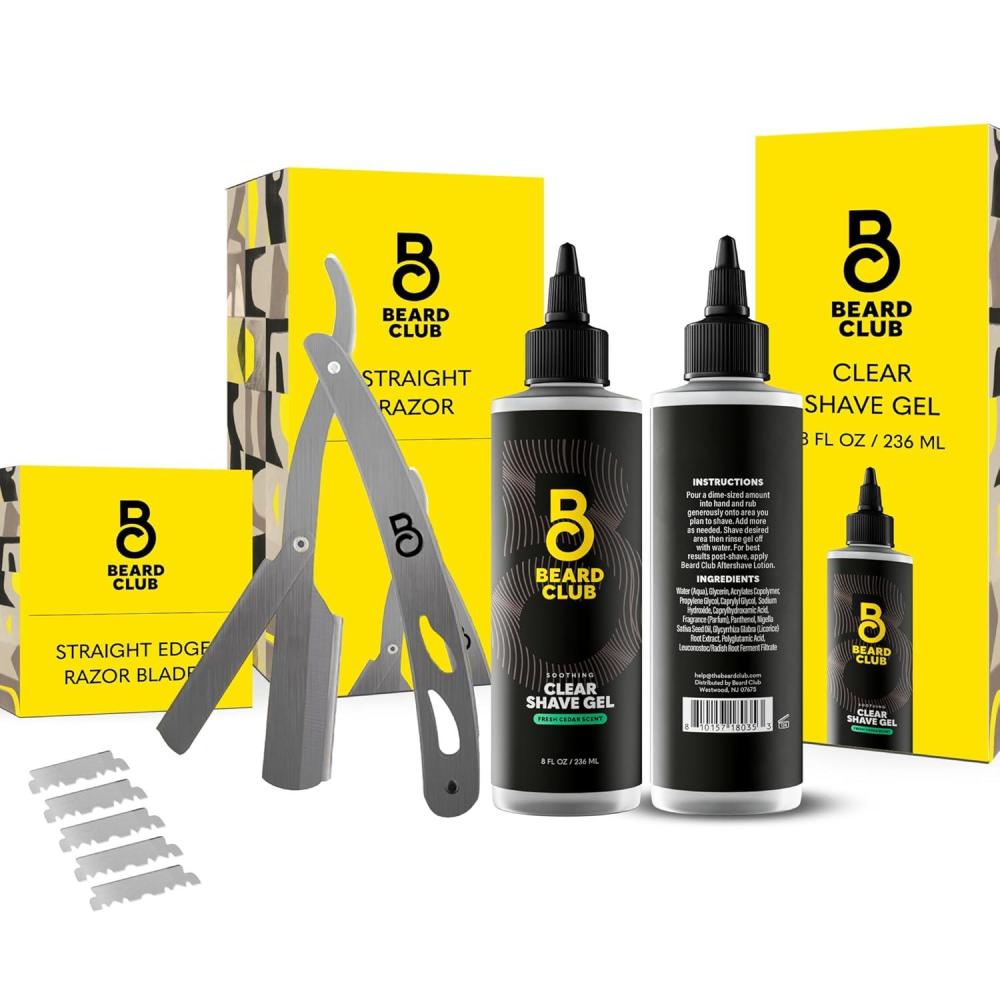 image:imageBeard Club Straight Razor for Men amp Premium Shaving Gel for Men  Hydrating Mens Shave Cream for Sensitive Skin amp Navajas Para Barbero  Barber Straight Edge Razor Kit 5 Blades Cedar Scent Gift KitStraight Edge  Shave Gel