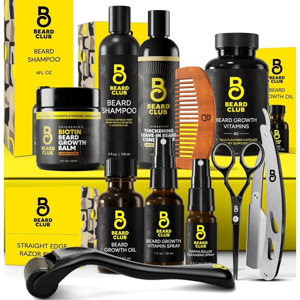 image:imageThe Beard Club Advanced Beard Growth Kit Derma Roller Growth Oil Vitamins and Vitamin Spray Shampoo and Boar Bristle Brush Gift Set CedarTitanium Beard Growth Kit
