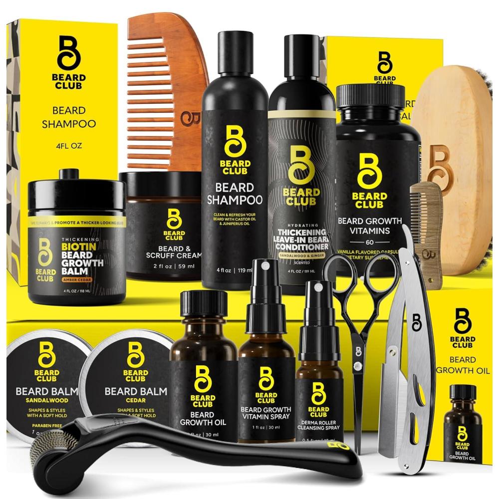 image:imageThe Beard Club Advanced Beard Growth Kit Derma Roller Growth Oil Vitamins and Vitamin Spray Shampoo and Boar Bristle Brush Gift Set CedarUltimate Beard Growth Kit