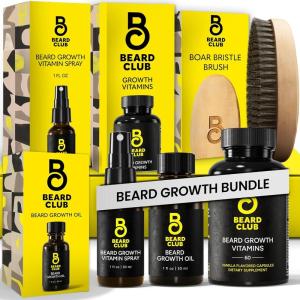 Beard Club Premium Beard Growth Kit – Growth Oil, Vitamins, Vitamin Spray & Boar Bristle Brush – Gift Set(Premium Beard Growth Kit)