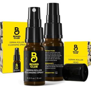 Beard Club Premium Derma Roller & Beard Growth Oil – Microneedling Roller with 540 Titanium Microneedles for Face, Body and Scalp – Beard Roller with Sandalwood & Cedar Beard Oil(Premium Derma Head & Cleansing Spray)