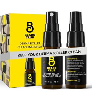Beard Club Premium Derma Roller & Beard Growth Oil – Microneedling Roller with 540 Titanium Microneedles for Face, Body and Scalp – Beard Roller with Sandalwood & Cedar Beard Oil(Premium Derma Cleansing Spray)