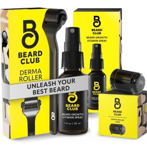 Beard Club Premium Derma Roller & Beard Growth Oil – Microneedling Roller with 540 Titanium Microneedles for Face, Body and Scalp – Beard Roller with Sandalwood & Cedar Beard Oil(Premium Derma & Vitamin Spray)