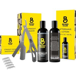 Beard Club Straight Razor for Men & Premium Shaving Gel for Men – Hydrating Mens Shave Cream for Sensitive Skin & Navajas Para Barbero – Barber Straight Edge Razor Kit, 5 Blades, Cedar Scent Gift Kit(Straight Edge & Aftershave Balm)