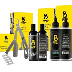 Beard Club Straight Razor for Men & Premium Shaving Gel for Men – Hydrating Mens Shave Cream for Sensitive Skin & Navajas Para Barbero – Barber Straight Edge Razor Kit, 5 Blades, Cedar Scent Gift Kit(Straight Edge  Shave Gel & Aftershave)