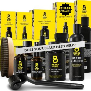 The Beard Club Advanced Beard Growth Kit – Derma Roller, Growth Oil, Vitamins and Vitamin Spray, Shampoo and Boar Bristle Brush – Gift Set – Cedar(Advanced Beard Growth Kit)