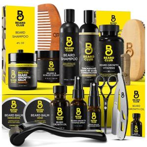 The Beard Club Advanced Beard Growth Kit – Derma Roller, Growth Oil, Vitamins and Vitamin Spray, Shampoo and Boar Bristle Brush – Gift Set – Cedar(Ultimate Beard Growth Kit)