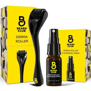 The Beard Club Derma Roller for Face, Body and Scalp – Microneedling for Men and Women with 540 Titanium Microneedles – Beard Roller & Micro Needling Scalp Hair – Silver & Black(Derma Roller & Cleansing Spray)