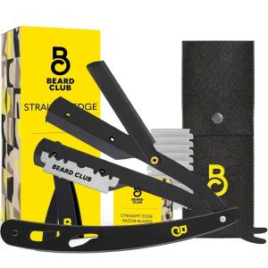 The Beard Club Straight Razor for Men – Navajas Para Barbero – Barber Straight Edge Razor Kit – Premium Single Derby Blade Cutthroat With 10 Replaceable Stainless Steel Blades & Leather Case(Premium Black Straight Razor)